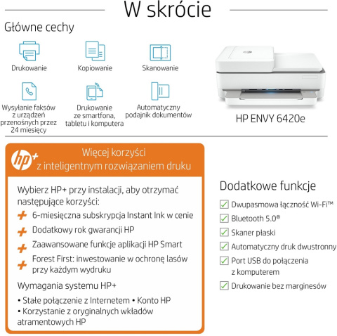 Urządzenie wielofunkcyjne HP Envy 6420e WiFi Bluetooth - drukarka, skaner, kopiarka, duplex, ADF