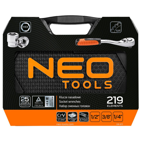 08-671 KLUCZE NASADOWE NEO TOOLS 1/2", 3/8", 1/4", ZESTAW 219 SZT., CRV