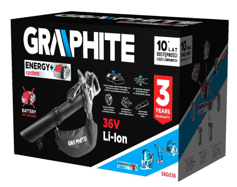 ODKURZACZ OGRODOWY AKUMULATOROWY ENERGY+ 36V LI-LON, 2W1, POJEMNOŚĆ WORKA 35L GRAPHITE 58G036