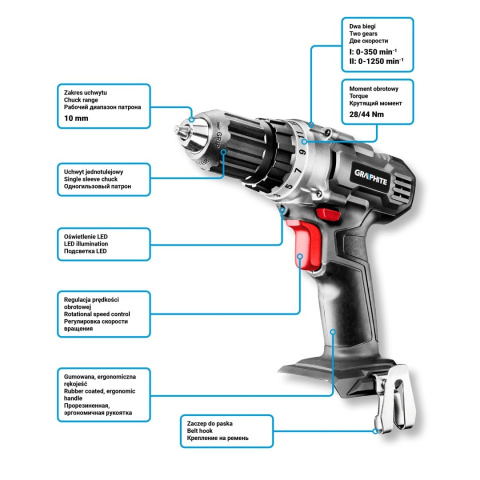 58G000 WIERTARKO-WKRĘTARKA AKUMULATOROWA ENERGY+ 18V, LI-ION, UCHWYT SAMOZACISKOWY 10 MM, BEZ AKUMULATORA GRAPHITE