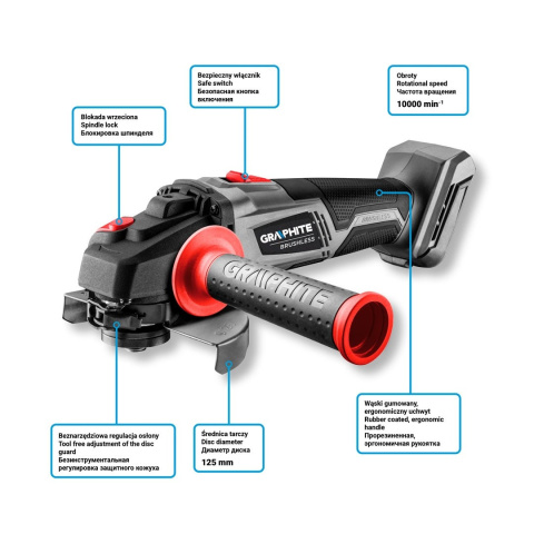 58G026 SZLIFIERKA KĄTOWA AKUMULATOROWA BEZSZCZOTKOWA ENERGY+ 18V, LI-ION, TARCZA 125MM, BEZ AKUMULATORA GRAPHITE