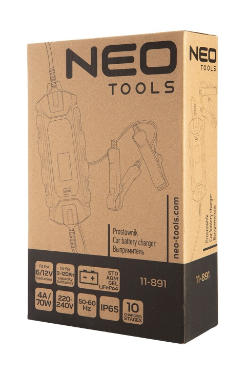 11-891 PROSTOWNIK AUTOMATYCZNY 4A/70W, 3-120AH, DO AKUMULATORÓW KWASOWYCH / AGM / GEL NEO TOOLS