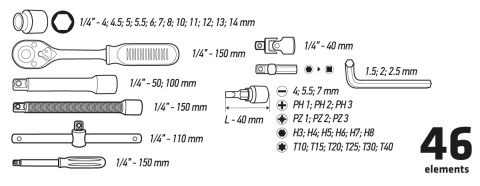 38D640 KLUCZE NASADOWE 1/4", ZESTAW 46 SZT. TOPEX