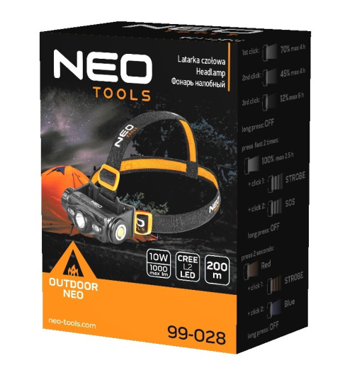 99-028 LATARKA CZOŁOWA AKUMULATOROWA USB 1000 LM CZERWONY/NIEBIESKI CREE LED + LED NEO TOOLS