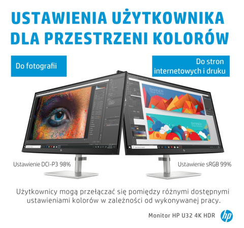 Monitor HP U32 4K HDR UltraHD 32 cali IPS 3840x2160 HDMI DisplayPort USB Type-C pivot VESA 368Y5AA