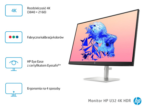 Monitor HP U32 4K HDR UltraHD 32 cali IPS 3840x2160 HDMI DisplayPort USB Type-C pivot VESA 368Y5AA