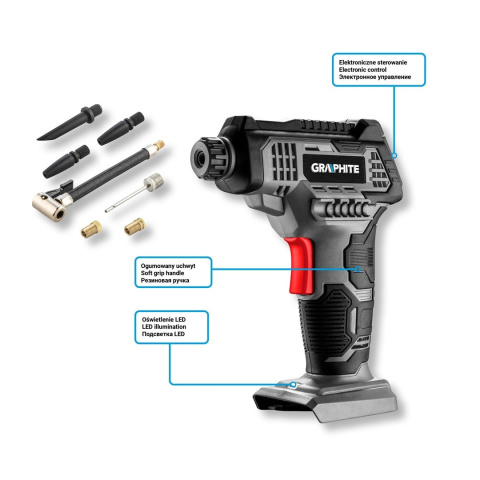 ZESTAW 58G041 KOMPRESOR AKUMULATOROWY ENERGY+ 18V, + AKUMULATOR ENERGY+ 18V, LI-ION 4.0AH GRAPHITE 58G004 + Ładowarka