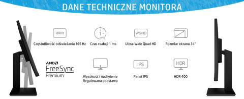 Monitor HP X34 Gaming 34 cali UWQHD 3440x1440 IPS 165Hz HDMI DisplayPort VESA 2V7W6E9