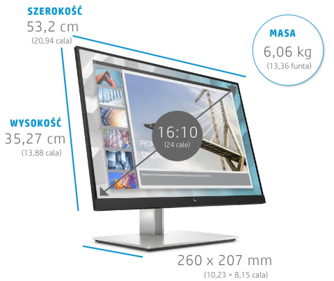 Monitor HP E24i G4 WUXGA IPS 24 cali 1920x1200 HDMI DisplayPort VGA hub USB VESA PIVOT 9VJ40AA