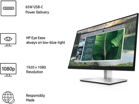 Monitor HP E24u G4 FullHD IPS 23.8 cali 1920x1080 HDMI DisplayPort USB-C hub USB VESA PIVOT 189T0AA