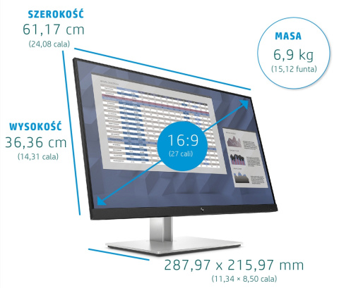 Monitor HP E27 G4 FullHD IPS 27 cali 1920x1080 HDMI DisplayPort VGA hub USB PIVOT VESA 9VG71AA