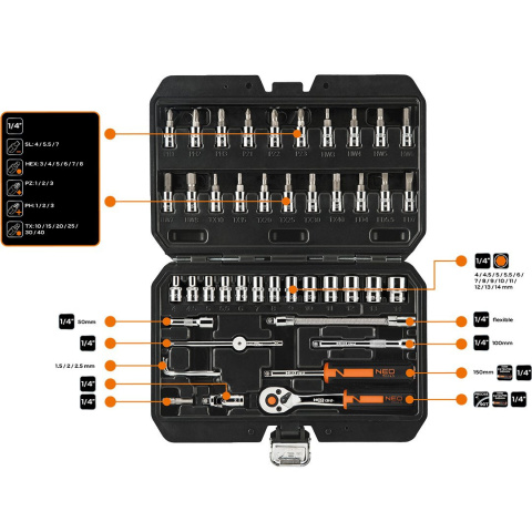 ZESTAW KLUCZY NASADOWYCH W WALIZCE 1/4” KLUCZE NASADOWE 46 SZTUK NEO TOOLS