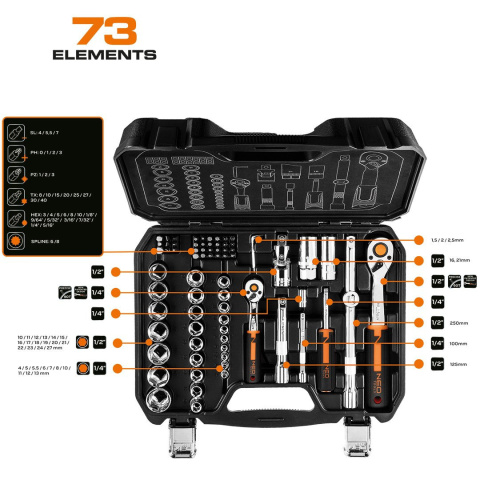 10-054 KLUCZE NASADOWE 1/2", 1/4", ZESTAW 73 SZT., CRV NEO TOOLS