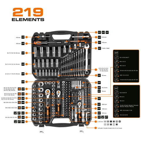 10-076 KLUCZE NASADOWE 1/2", 3/8", 1/4", ZESTAW 219 SZT., CRV NEO TOOLS