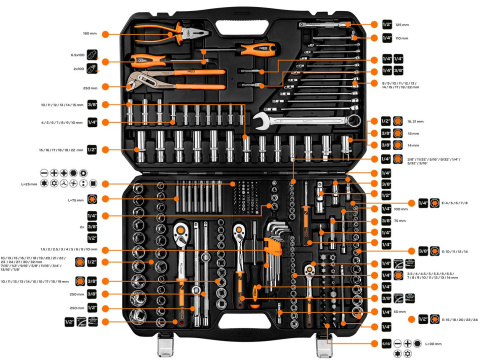 10-078 KLUCZE NASADOWE 1/2", 3/8" , 1/4", ZESTAW 233 SZT. NEO TOOLS