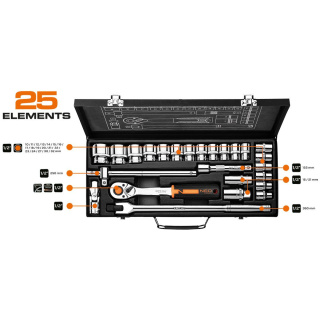 10-036 KLUCZE NASADOWE 1/2" , ZESTAW 25 SZT., CRV NEO TOOLS