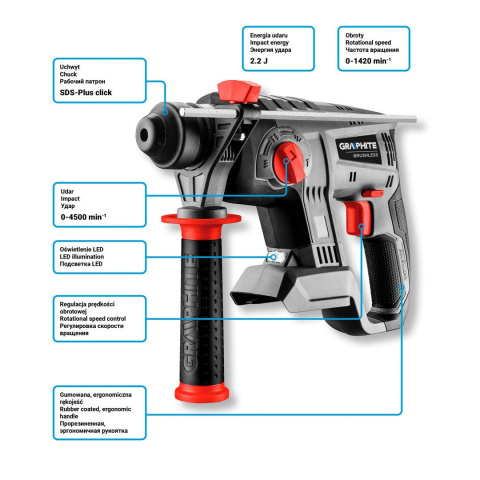 58G027 MŁOTOWIERTARKA AKUMULATOROWA BEZSZCZOTKOWA ENERGY+ 18V, LI-ION, UDAR 2.2J, BEZ AKUMULATORA GRAPHITE