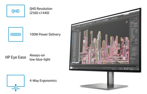 Monitor HP Z27u G3 QHD USB-C IPS 27 cali 2560x1440 HDMI 2.0 DisplayPort USB Type-C RJ45 Power Delivery 100W pivot VESA 1B9X2AA