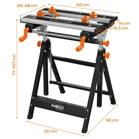 44-700 STÓŁ WARSZTATOWY REGULOWANY, ALUMINIOWY 60 X 58 X 77-107 CM NEO TOOLS