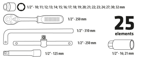 38D850 KLUCZE NASADOWE 1/2", METALOWA WALIZKA, ZESTAW 25 SZT. TOPEX