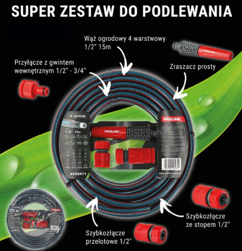 PROLINE Wąż ogrodowy 1/2" 15m + zraszacz prosty SUPER ZESTAW DO PODLEWANIA