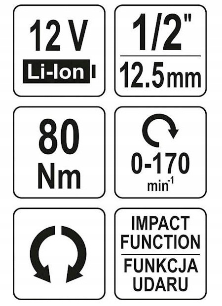YT-829021 GRZECHOTKA 12V 80NM 1/2'' BEZ BATERII YATO