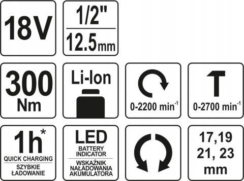 YT-82805 KLUCZ UDAROWY 18V 1/2" 300NM BEZ AKUMULA YATO