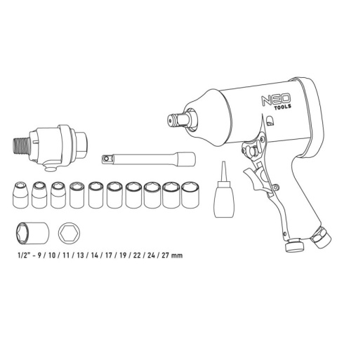 14-502 KLUCZ UDAROWY PNEUMATYCZNY, 1/2", 320 NM, ZESTAW Z NASADKAMI NEO TOOLS