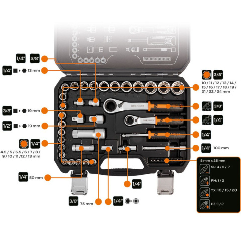 10-019 ZESTAW NASADEK PRZELOTOWYCH 1/4" + 3/8", 46 SZT. NEO TOOLS
