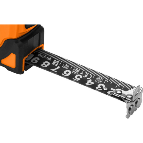 MIARA ZWIJANA STALOWA SUPER BLACK 5 M X 19 MM, AUTO BLOKADA, DWA PRZYCISKI STOP, MAGNES 67-242 NEO TOOLS