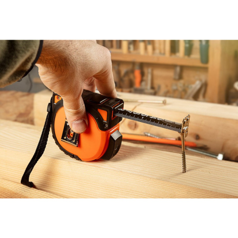 MIARA ZWIJANA STALOWA SUPER BLACK 5 M X 19 MM, AUTO BLOKADA, DWA PRZYCISKI STOP, MAGNES 67-242 NEO TOOLS