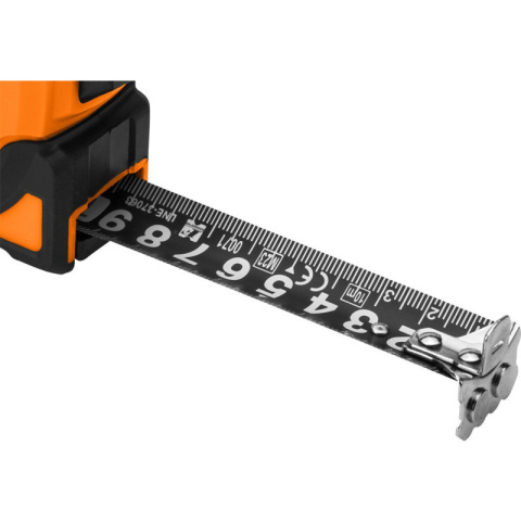 MIARA ZWIJANA STALOWA SUPER BLACK 7,5 M X 25 MM, AUTO BLOKADA, DWA PRZYCISKI STOP, MAGNES 67-244 NEO TOOLS