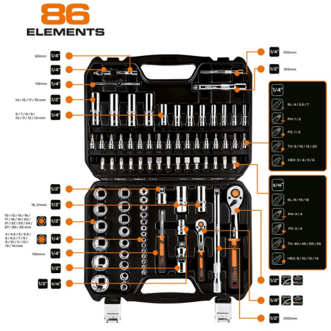 KLUCZE NASADOWE 1/4", 1/2", ZESTAW 86 SZT., CRV 10-060 NEO TOOLS
