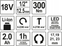 YATO KLUCZ UDAROWY AKUMULATOROWY 18V + 4 NASADKI 1/2" 300Nm 2,0AH ZESTAW