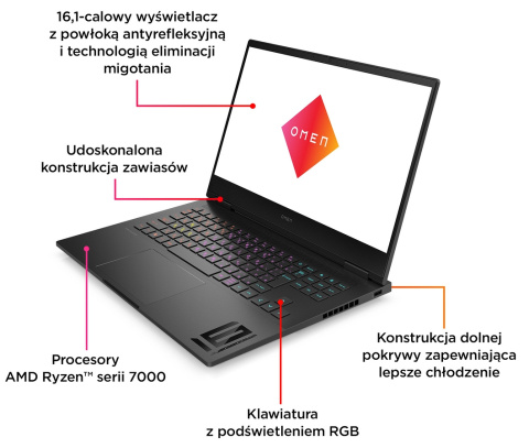 HP OMEN Gaming 16 QHD IPS 240Hz AMD Ryzen 7 7840HS 8-rdzeni 16GB DDR5 1TB SSD NVMe NVIDIA GeForce RTX 4060 8GB Windows 11