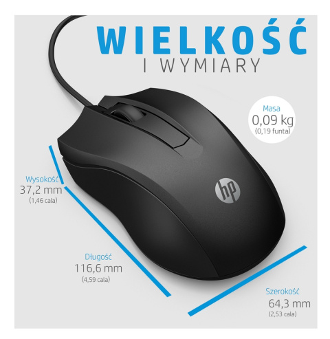 Mysz HP 100 optyczna przewodowa, USB, 3 przyciski, rolka, 1600 DPI, komfortowy profil, myszka 6VY96AA