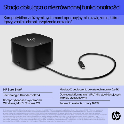 Stacja dokująca HP Thunderbolt 120W G4 4J0A2AA, 4x USB 3.2, 2x DisplayPort 1.4, HDMI 2.0, RJ-45, 2x USB Type-C