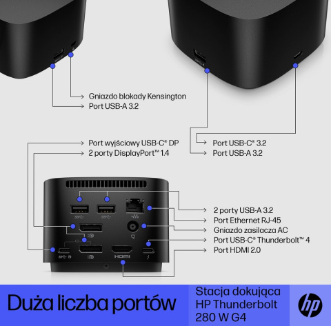 Stacja dokująca HP Thunderbolt 280W G4 z przewodem combo 4J0G4AA, 4x USB 3.2, 2x DisplayPort 1.4, HDMI 2.0, RJ45, 2x USB Type-C