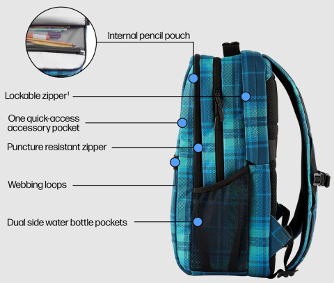 Stylowy plecak HP Campus XL 20l Tartan Plaid na laptopa 7J594AA dodatkowe kieszenie