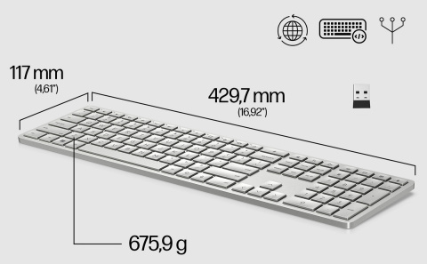 Klawiatura HP 970 bezprzewodowa podświetlana programowalna srebrna pełnowymiarowa numeryczna ładowana USB-C (duży enter) 3Z729AA