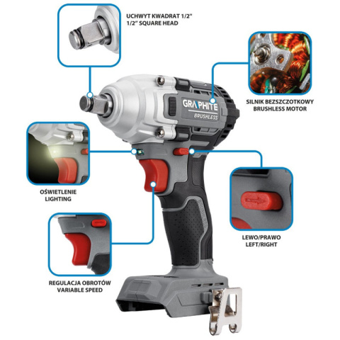 Klucz udarowy akumulatorowy 18V silnik bezszczotkowy 3-biegi 330Nm GRAPHITE 58G028-1