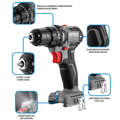 58GE139 WIERTARKO-WKRĘTARKA BEZSZCZOTKOWA 18V, UCHWYT 10MM, COMPACT, ENERGY+, BEZ AKUMULATORA GRAPHITE