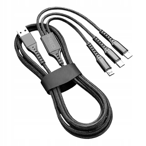 KABEL USB 3w1 USB typ C / Micro USB / Lightning 1,2m czarny nylon NEO