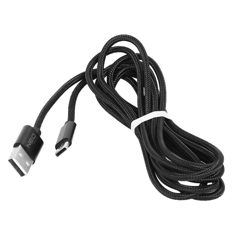 KABEL USB - USB typ C PRZEWÓD 2m CZARNY NYLONOWA OSŁONA NIE PLĄCZE SIĘ NEO