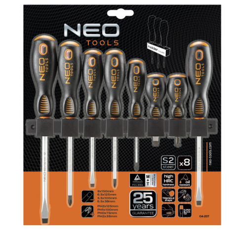 ZESTAW ŚRUBOKRĘTÓW WKRĘTAKI 8 SZTUK Z MAGNESEM PŁASKICH I KRZYŻOWYCH 04-207 NEO TOOLS 04-207