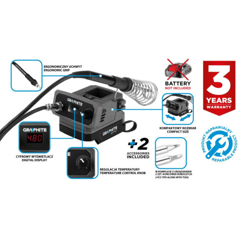 Lutownica Graphite 25 W, Stacja lutownicza Energy+ 18V, bez akumulatora GRAPHITE 58GE143