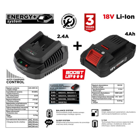 Zestaw Akumulator 4Ah + Ładowarka - Bateria BOOST UP - GRAPHITE NEO Energy+