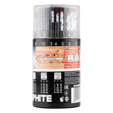 Zestaw wierteł wiertła do metalu drewna cegły 3 4 5 6 8 10mm 18szt GRAPHITE 54T430