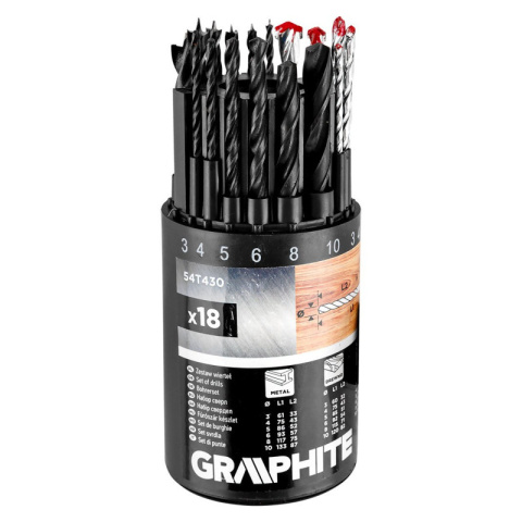 Zestaw wierteł wiertła do metalu drewna cegły 3 4 5 6 8 10mm 18szt GRAPHITE 54T430