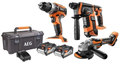Zestaw AEG Wiertarko-Wkrętarka Udarowa, Szlifierka Kątowa i Młotowiertarka